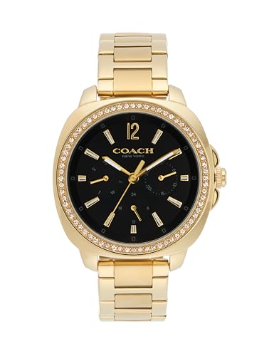 Image of Coach Kitt Qtz Multifunction Black Tonneau Dial Women's Watch|Ionic Plated Thin Gold Steel Material|Gold Color Band - 14504398