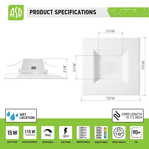 Asd Recessed Lighting 6 Inch, Square Ceiling Light, 15W-60W Replacement, 1085 Lm Wet Rated Dimmable Ceiling Led Lights, 5Cct 2700/3000/3500/4000/5000K, Baffle Trim, Energy Star, Ul Listed 1 Pack #TOP2