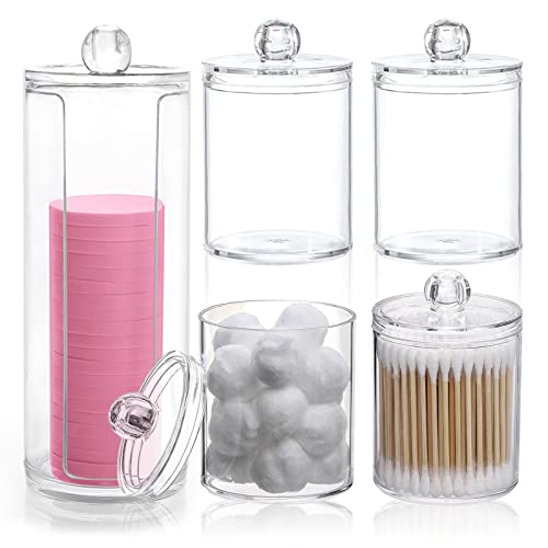 5Pcs Acrylic Cotton Pad Holder, Q-Tips Cotton Swab Dispenser Apothecary Jar with Lid, Bathroom Cotton Wool Bud Organizer Clear Makeup Container for Vanity Storage Cotton Ball Cosmetic Pads Floss