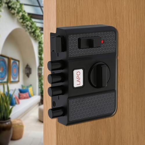 Image of LAPO Penta Lock with Keyed Entry, 4-Bolt Security, Privacy Lock & Large Interior Knob - for Single, Double & Sliding Doors, Left or Right-Handed, Black Finish,3 Years Warranty