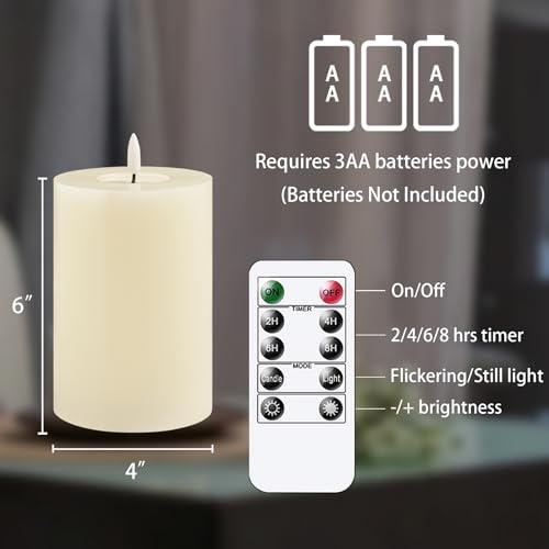 Image of Flameless Flickering 4 inch x6 inch Real Wax Ivory Remote Candles with Candle Grease, Pack of 2 Timer LED Battery Operated Fake Warm Light Pillar Candles for Home, Banquet, Ceremony Decoration
