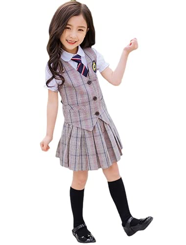 学生服 幼稚園 小学生 女の子 男の子 スクール服 春 夏 スカート 5点セット半袖 チェック柄 キッズ スーツ フォーマル 子供 可愛い 入学 入園 卒業式 入園式 七五三 お受験 結婚式 発表会 通園 通学 (女の子,100)