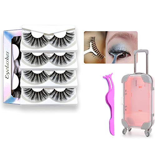 Kuuans 4 Pair 3D Mixed Styles Wispies Fluffies Criss-cross Eye Makeup Tools Thick Long Lash Extension, One Pink False Eyelashes Box and One Stainless Steel Clip (Random Color)