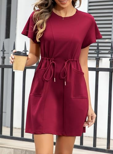 Image of EVALESS Womens Spring Summer Dresses 2026 Casual Round Neck Ruffle Short Sleeve Flowy A Line Mini Dress with Pockets