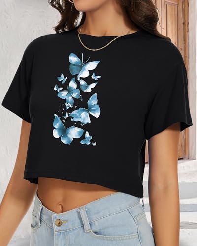 Image of Womens Summer Crop Tops Short Sleeve Round Neck T-Shirts Loose Fit Casual Blouse 2026