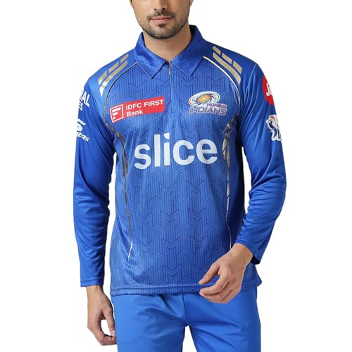 playR x MI Match Jersey - Plain (Full Sleeve) Menβs Regular Fit Blue T-Shirt, Comfortable Sportswear for Match, Training & Casual Wear, Stylish MI Tee for All Seasons