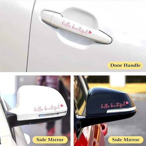 Image of Girly Car Accessories for Women, Valentine Stickers, Pink Car Stickers and Decals - 3Pcs Pink Heart Hello Beautiful Rearview Mirror Decal, Cute Car Decorations, Stickers for Window, Laptops, Bottles
