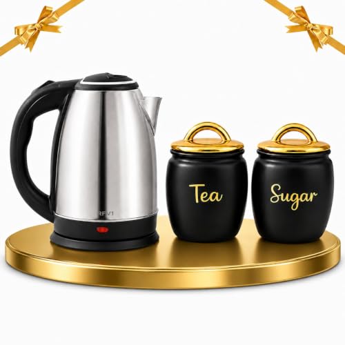 Image of 2 Litre Electric Kettle with Blue Indicator Light, 360 Degree Swivel Base, Automatic Shut Off, Borosilicate Glass Body, Fast Boil Water Heater for Tea, Coffee & Hot Water (SILVER AND BLACK GOLD)