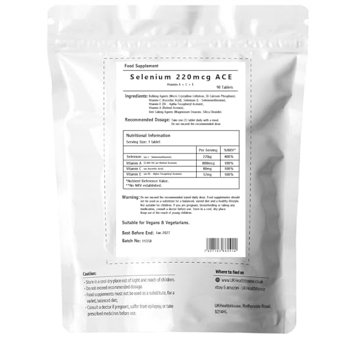 UKHealthHouse Selenium 220mcg ACE Tablets Vitamin A + C + E Immune Health Skin Hair Nails (90)