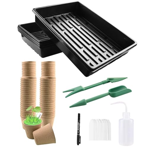 Lechansen Pot Semis Fibres Biodégradables avec Culture Plateau, 8 cm Lot de 60 Godet Semis Pots Récipients Semence Bac en Fibre écologique avec Outils pour...