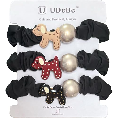 UDeBe Silk Scrunchies Hair Ties 3Packs – Super Soft Thin Hair Scrunchies, Gentle on Hair, Faux Pearl & Cute Puppy Accessories Decorated Hair Accessories for Women