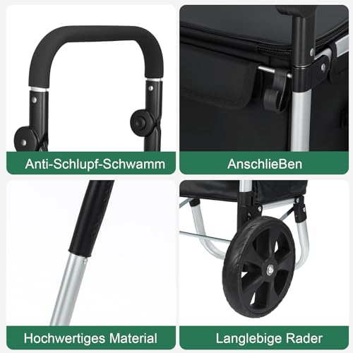 Generisch Einkaufstrolley 64 L, klappbarer Einkaufswagen mit Aluminiumrahmen, bis 60 kg Tragkraft, große Rollen & höhenverstellbarer Griff, Faltbare Einkaufstasche mit Kühltasche – Bild 7