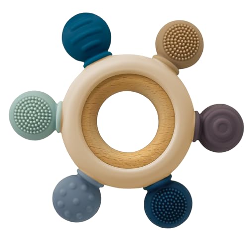 Image of Baby Teething Toys with Wooden Ring Soothe Babies Gums, Teethers for Babies 3-6 Months, Wooden Baby Toys, Easy to Grasp Toy for Baby Toys 6-12 Months, Silicone Baby Teether BPA Free