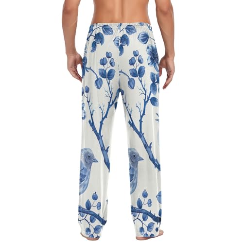 Men's Pajama Pants Blue White Porcelain Bird Pattern Sleep Pajama Lounge Pant with Pockets, Elastic Waistband2