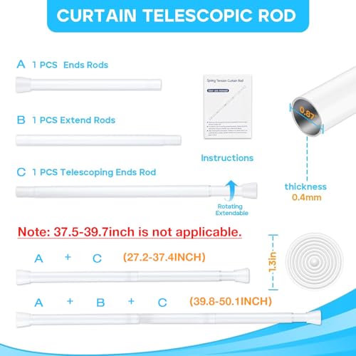 Image of 2 Pack White Tension Curtain Rod for Windows 28 to 48 Inch