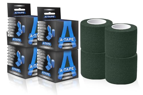 Image of A-Tape Breathable Self Adhesive Cohesive Bandage Wrap - Athletic Non-Woven for Sports, Medical Use, Injuries, Knee & Wrist Support - Suitable for Humans & Pets (Forest Green, 5cm Pack Of 4)