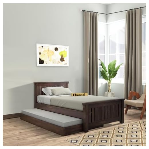 EBANSAL Solid Wood Wooden Single Size Trundle Bed for Bedroom, Sheesham Wood, Walnut Brown Finish