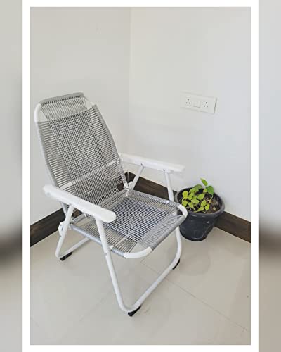 Image of Folding Chair with Arm Rest I Foldable Easy Chair I Steel Pipe Wire Chair I Grey and White