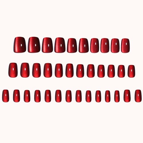 Red Square Cat Eye False Nails - 32PCS Short With Glue - Glossy Full Cover Long Lasting Stick on Nails - Removable DIY Nail Art Gifts for Women Girls - Image 3