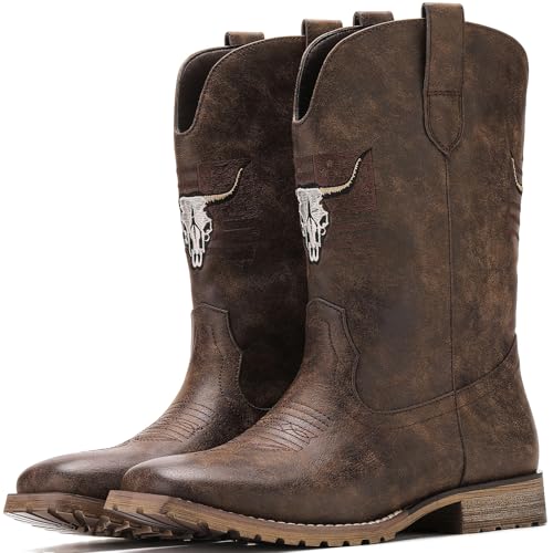Image of JASONSTAR Western Cowboy Boots for men, Vintage Distressed Brown Square Toe Mid-Calf Boots with Longhorn Skull American Flag Embroidery, Non-Slip Rubber Sole Comfortable for Riding Outdoor Daily Wear
