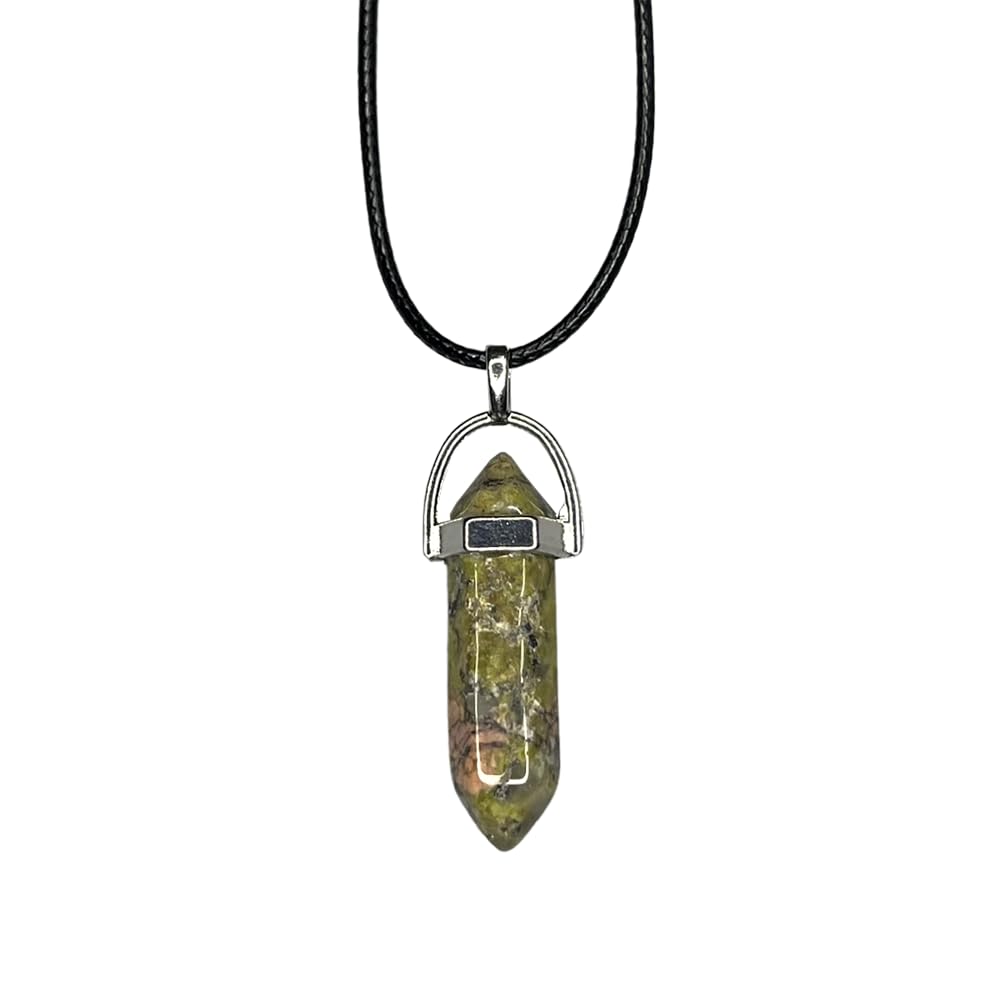 VIE Double Point Pencil Pendant, Black String, Unakite