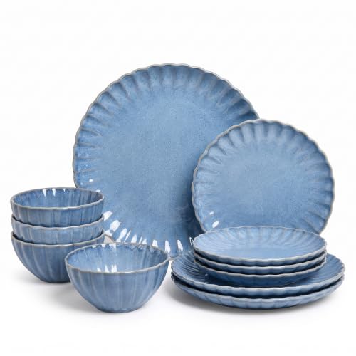 Image of 12 Pieces Stoneware Dinnerware Set, Microwave and Dishwasher Safe, for 4 | Scallop Frill Design, Chip Resistant, Ceramic, Includes Plates and Bowls