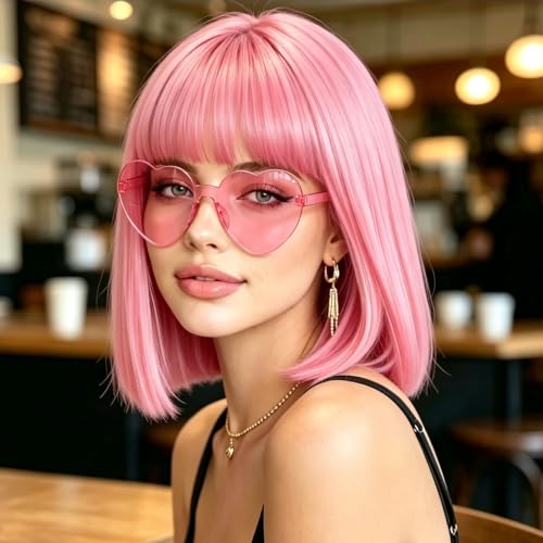 PLULON Pink Bob Wig with Bangs, Short Straight Bob Wig with Heart Sunglasses 12 Inch Shoulder Length Heat Resistant Synthetic Hair Cap for Women Natural Look Daily Use Cosplay Halloween Costume Party