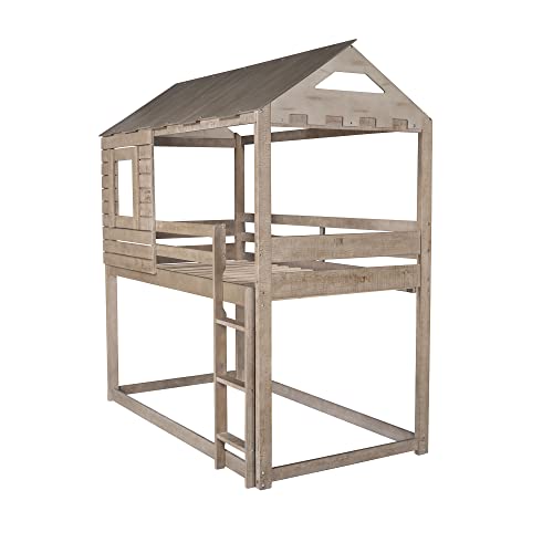 Lifeand Twin Over Twin Bunk Bed With Roof, Window, Guardrail, Ladder For Kids Teens (Antique Brown) #TOP4