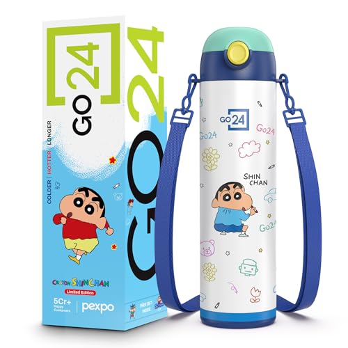 Image of Go24 pexpo Crayon Shinchan ISI Certified Stainless Steel Water Bottle for School Kids - 500ml | 2-Year Warranty |3 Layer Insulation |Hot & Cold Vacuum Flask | 4+ Years | Denim Blue Little Artist