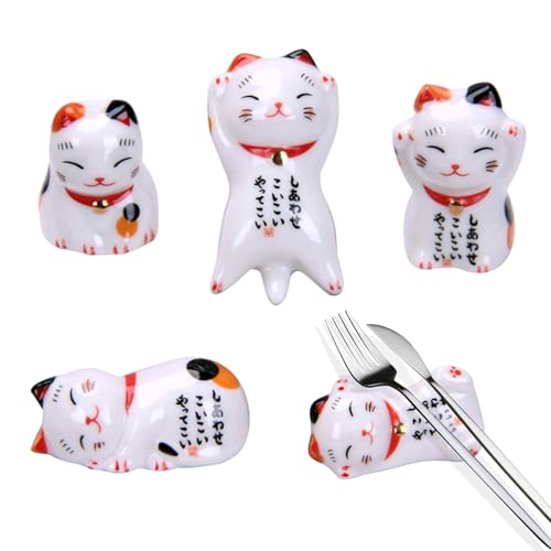 Hominas 5 Pezzi Porta Bacchette Portafortuna portabottiglie in Ceramica, Poggia Bacchette Decorazione Gatto Fortunato Stile Giapponese per Stoviglie Forchetta o Coltello