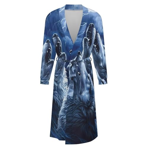 Wolves Howl at The Moon Soft Robe Long Sleeve Bathrobes V Neck Sleepwear Spa Robes with Belt Men Woman4