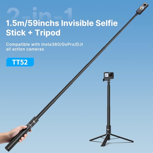 Trípode invisible para selfie stick de 59 pulgadas para Insta360 X5/X4/X3/ONE X2/GO 3s/DJI Osmo 360, ULANZI TT52 poste de extensión ajustable impermeable mango agarre para GoPro, DJI Osmo Pocket 3 - Image 3