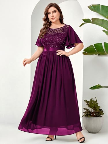 Knitee Women's Plus Size Sparkle Sequin Lace Chiffon Formal Flutter Sleeves Wedding Party Flowy Maxi Dresses4