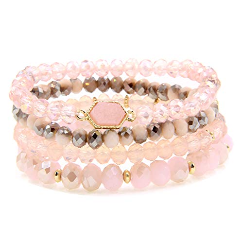 YUJIAXU Gold Beaded Bracelet Set , Square Stone Hexagon Druzy Stretch Beaded Stackable Bracelets Bangles (Pink Druzy)
