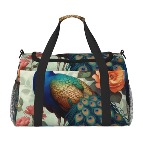 Peacock Floral Print Travel Duffle Bag - Foldable Personal Item Travel Bag for Women & Men,Carry-On Convertible Crossbody Tote Bags with Adjustable Shoulder Strap & Pockets 13x10.2x19.7 in