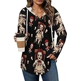 Womens Bodysuit Scary Horror Woman Doll Black T Shirts Long Sleeve Hoodie V Neck Pullover Tops, 2026