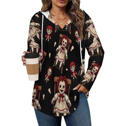 Womens Bodysuit Scary Horror Woman Doll Black T Shirts Long Sleeve Hoodie V Neck Pullover Tops, 2026