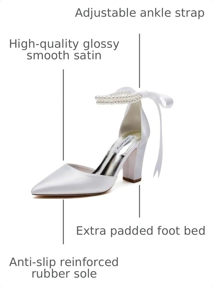 Image of Satin Wedding Shoes for Bride Block Heel Bridal Shoes Pointed Toe Pearl Wedding Heels