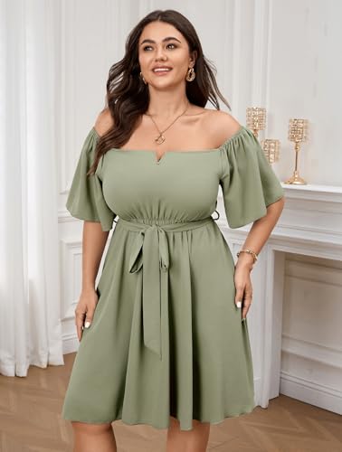 Image of SCOMCHIC Womens Plus Size Cocktail Dress Summer Off Shoulder Short Sleeve Flowy Ruffle A-Line Cute Mini Dress with Belt