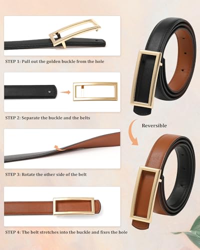AWAYTR Women Reversible Leather Belt - Two-in-One Women Fashion Skinny Belt for Jeans with Golden Buckle2