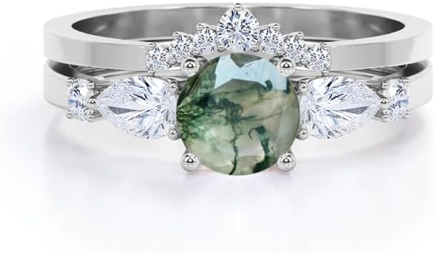 Vintage Fairytale Chevron 1.3 carat Round cut Moss Green Agate and CZ wedding ring set in 9 Natural Moss Agate Ring And Engagement Wedding Promise Ring Jewelry Gift for Women