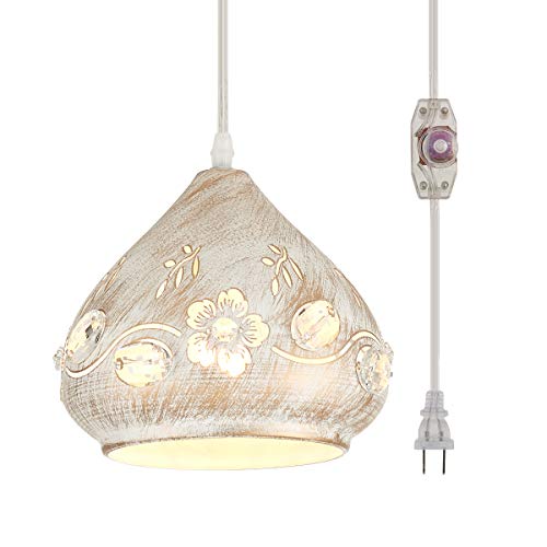 YLONG-ZS Boho Hanging Lamp Pug in,White Plug in Pendant Light 16 FT Cord Dimmable,Crystal Swag Hanging Light for Bedroom, Living Room,Dining Room, Corner YL25-White