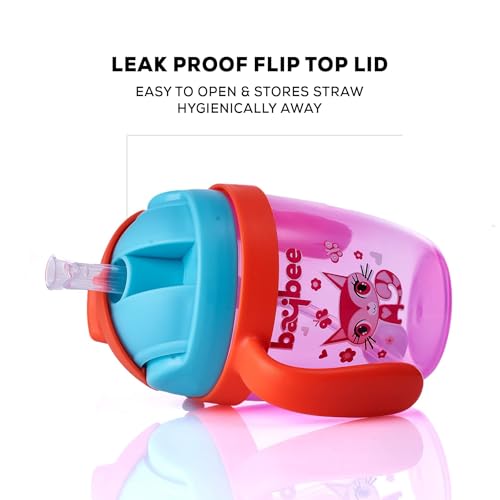 Image of BAYBEE Flippo 240ML Sipper Bottle for Kids, Anti-Spill Sippy Bottle with Soft Silicone Straw BPA Free |Sippy Cup for Baby r | Sipper Bottles for Kids Toddlers 6 Months to 3 Years (Pink)