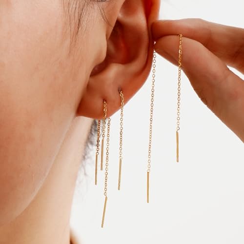 3 Pairs Threader Earrings 925 Sterling Silver Long Chain Earrings Bar/Ball Wrap Threader Drop Earrings for Women Lightweight Minimalist Mother's Day Jewelry Set3