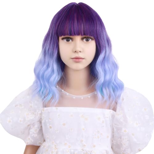 Image of Colorful Wig for Kids Girls Short Rainbow Wavy Curly Wig Child Multi-color Wig with Air Bangs Heat Resistant Synthetic Wig with Wig Cap
