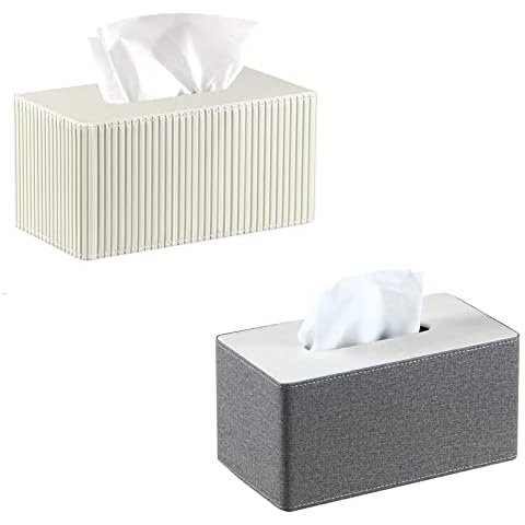 Plus Size Tissue Box Cover Roman White + Grey, PU Leather Rectangular Tissue Box Holder,Napkin Dispenser,Decorative Holder/Organizer for Bathroom Vanity Countertop, Nightstand Cover
