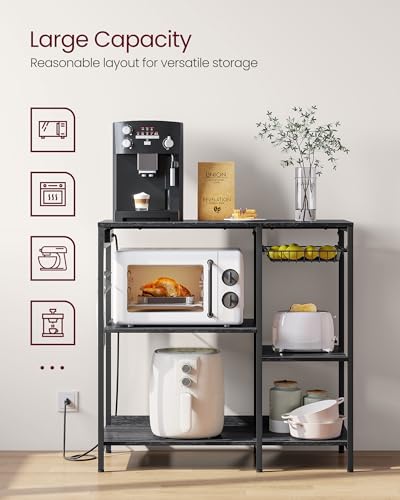 Image of VASAGLE Baker's Rack, Coffee Bar Stand with Charging Station, 35.6 Inches Tall, Storage Shelves, Pull-Out Wire Basket, Table for Microwave, Kitchen, Charcoal Gray and Ink Black UKKS036B22