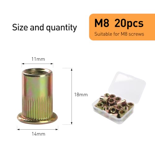 FOMGIIN 20 Stück Nietmuttern M8, Kohlenstoffstahl Verzinkt nietmutter Rundef Innengewinde Flachkop Rivet, Gewindenieten Einnietmuttern Hülsenmutter Verwendet Einnietmutter für Rohre, Metallplatten