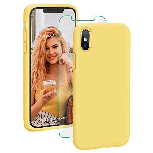 Case for iPhone XS Max, ProBien Liquid Silicone Full Protective Cover with Tempered Screen Protector Shockproof Durable Shell Compatible with 6.5 Inch 2018 Released-Yellow