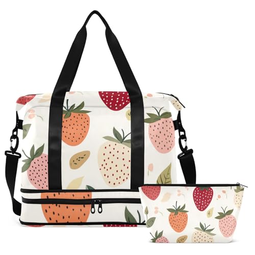 Red and White Strawberry Leaves Oversized Travel Duffel Bag Sports Duffel Bags with Adjustable Strap for Sports Waterproof2